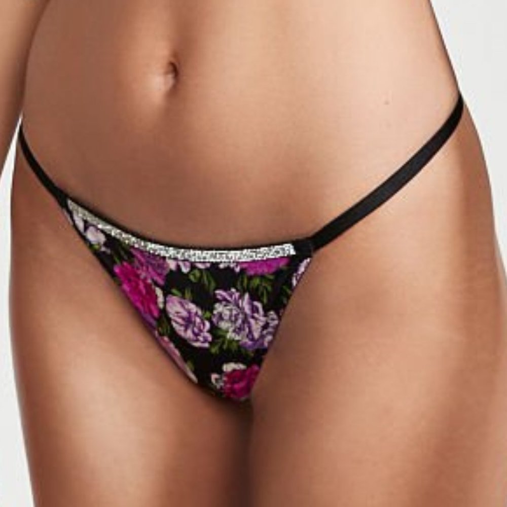 VS M Very Sexy Bombshell Shine V-String Panty Purple Black Floral Thong NWT - Picture 5 of 16
